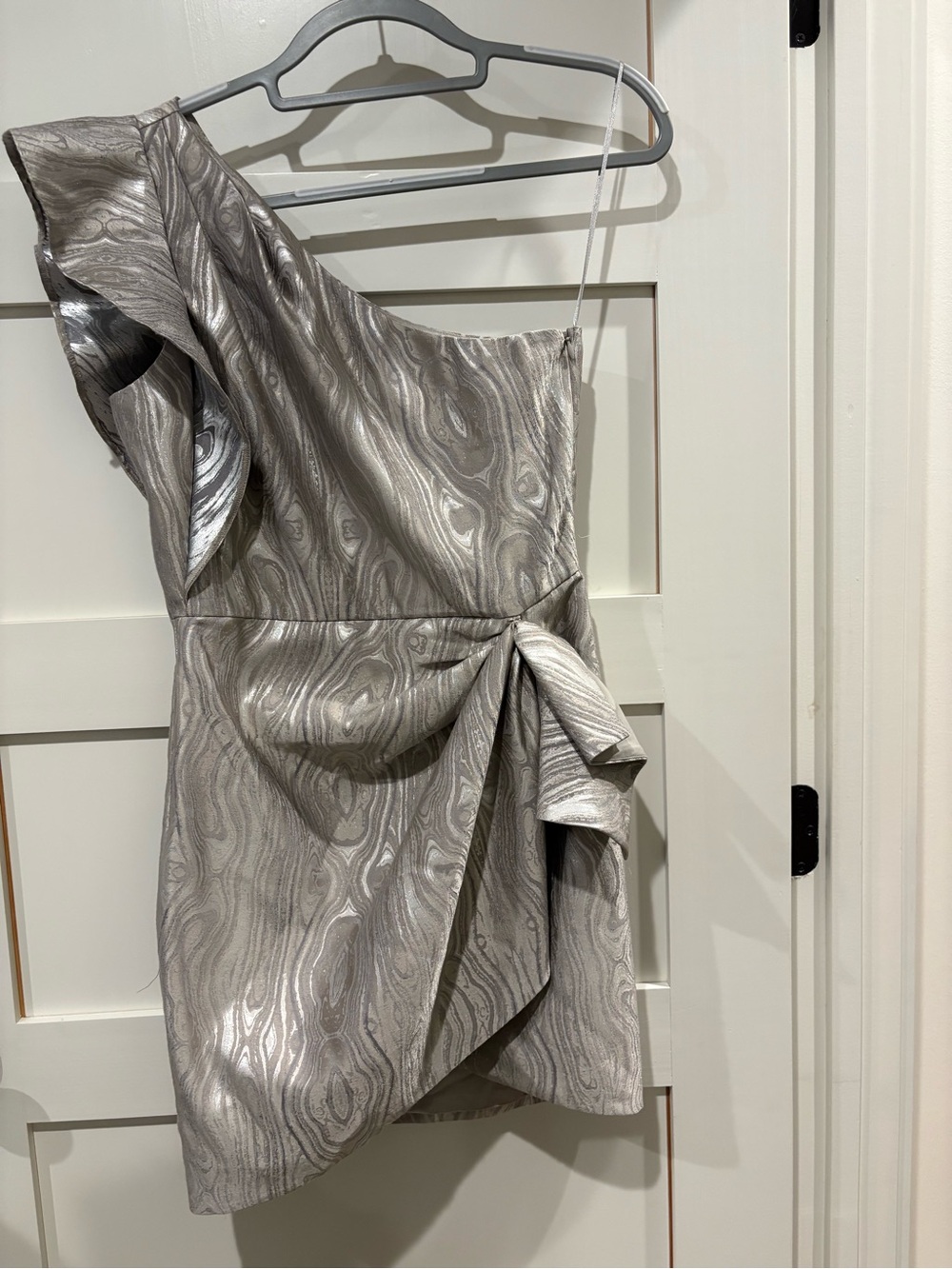 SAYLOR One-Shoulder Metallic Silver Draped Bow Dress